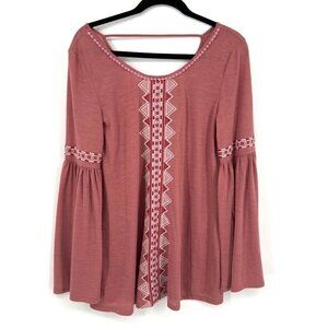 Andree by Unit Womens Boho Bell Sleeve Tunic Top Size M/L Pink Embroidered